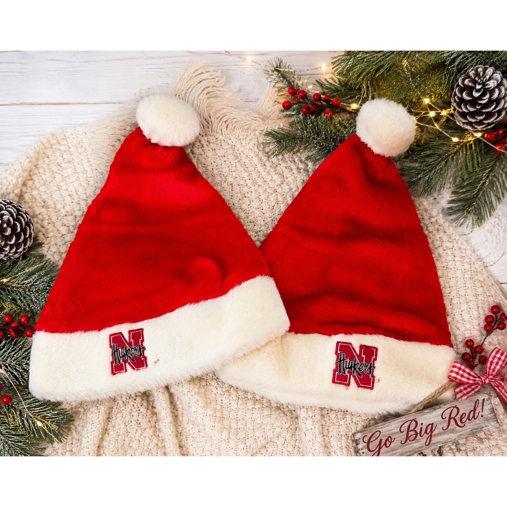 Nebraska Huskers Santa Hats Set of 2 Red White Faux Fur Plush Holiday NCAA Hat